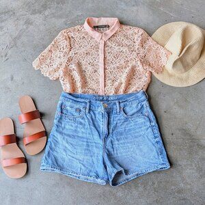 Zara Guipure Lace Cropped Collared Button Front Short Sleeve Shirt Orange small